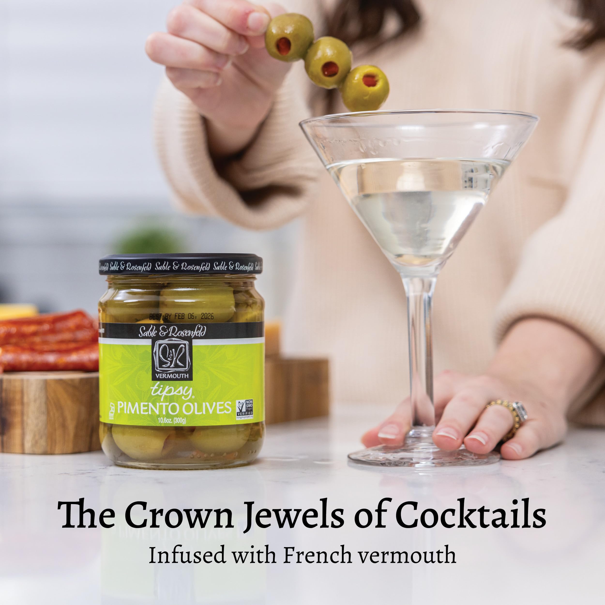 Tipsy Green Olives Stuffed with Pimento - Martini Stuffed Colossal Cocktail Olives with French Vermouth for Bloody Mary Condiments - Sable & Rosenfeld
