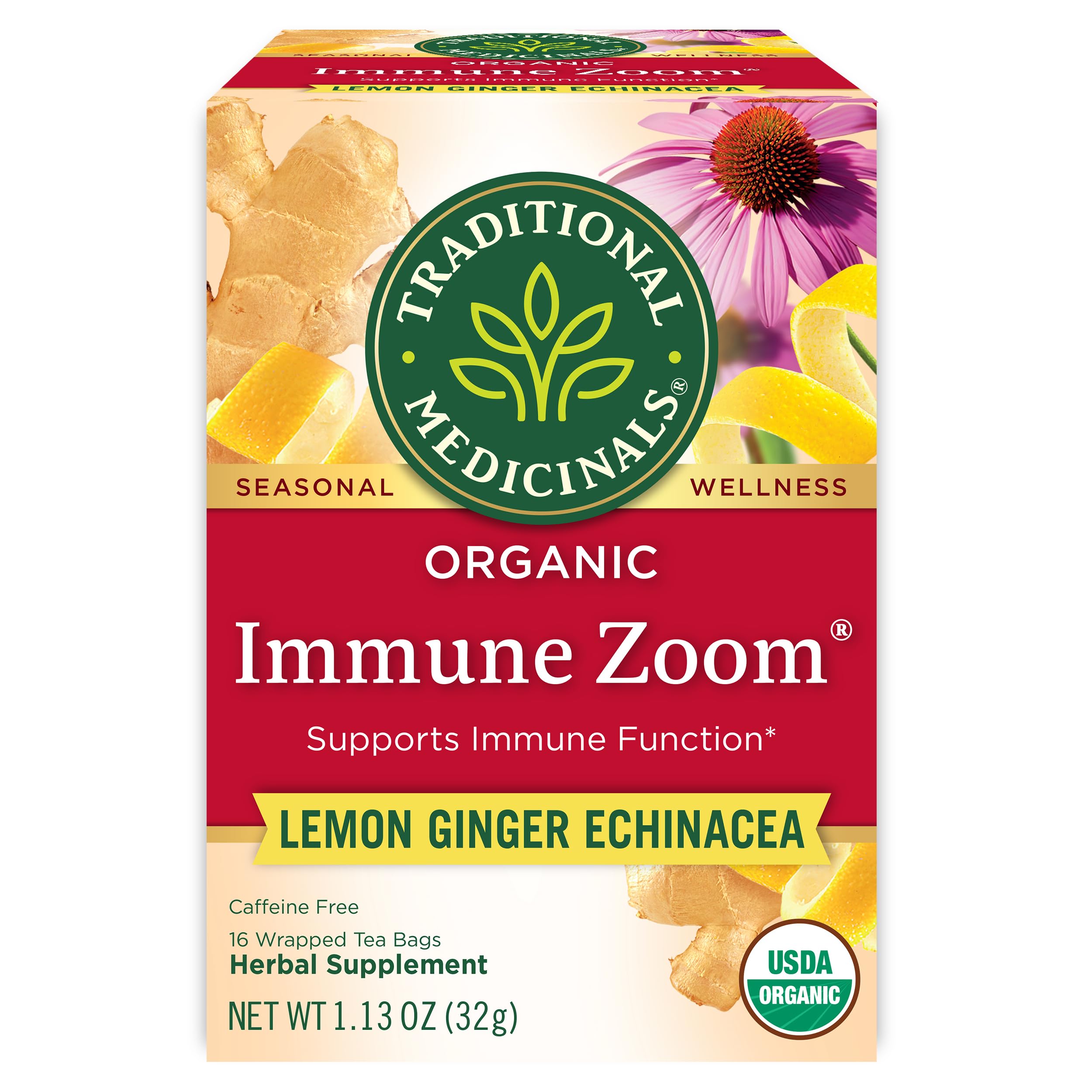 Traditional Medicinals Tea, Organic Immune Zoom Lemon Ginger - Supports Immune Function - Kosher, Non-GMO, Caffeine-Free, Compostable - 96 Tea Bags (6 Pack)