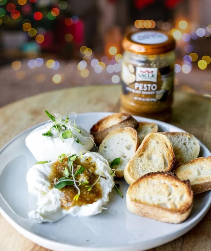 SACLA Pesto with Black Summer Truffle | Italian Basil Pesto Sauce with Real Truffle & Cheese | 6.7 oz Glass Jar | Gourmet Non-GMO Paste | Imported from Italy