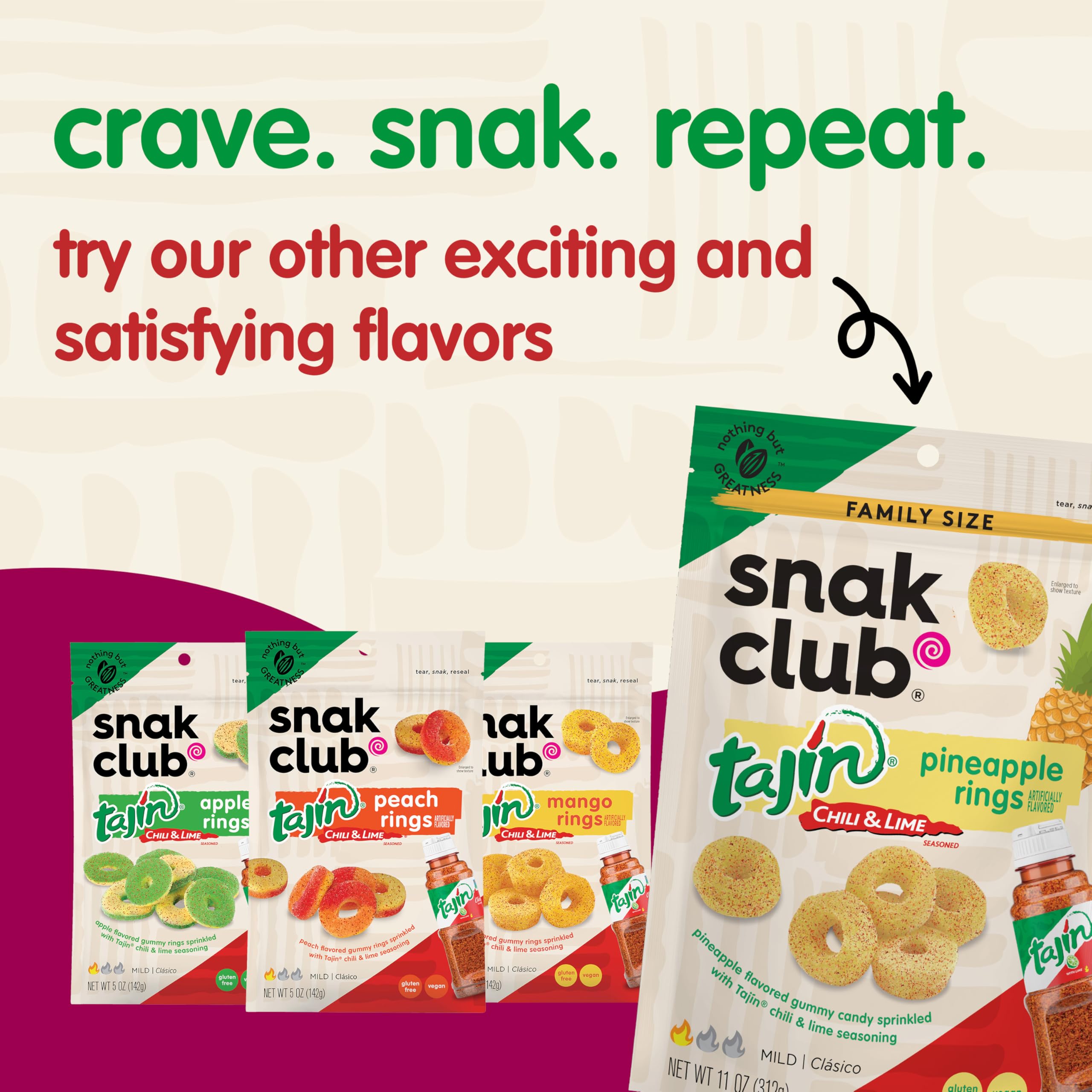 Snak Club Tajin Gummy Candy Fruit Rings, Gummies with Chili and Lime Seasoning, Mild Spice, Gluten-Free and Vegan Snacks