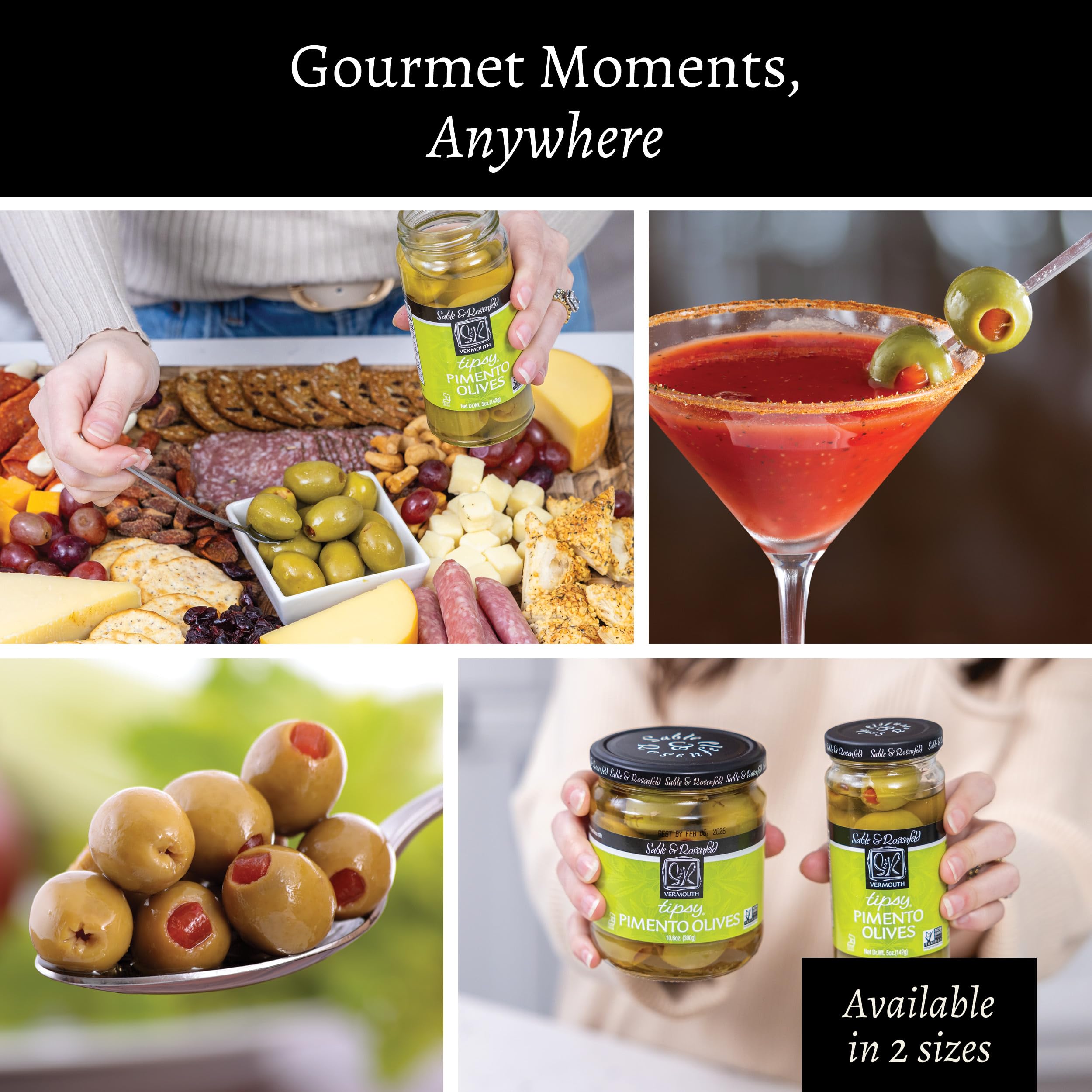 Tipsy Green Olives Stuffed with Pimento - Martini Stuffed Colossal Cocktail Olives with French Vermouth for Bloody Mary Condiments - Sable & Rosenfeld