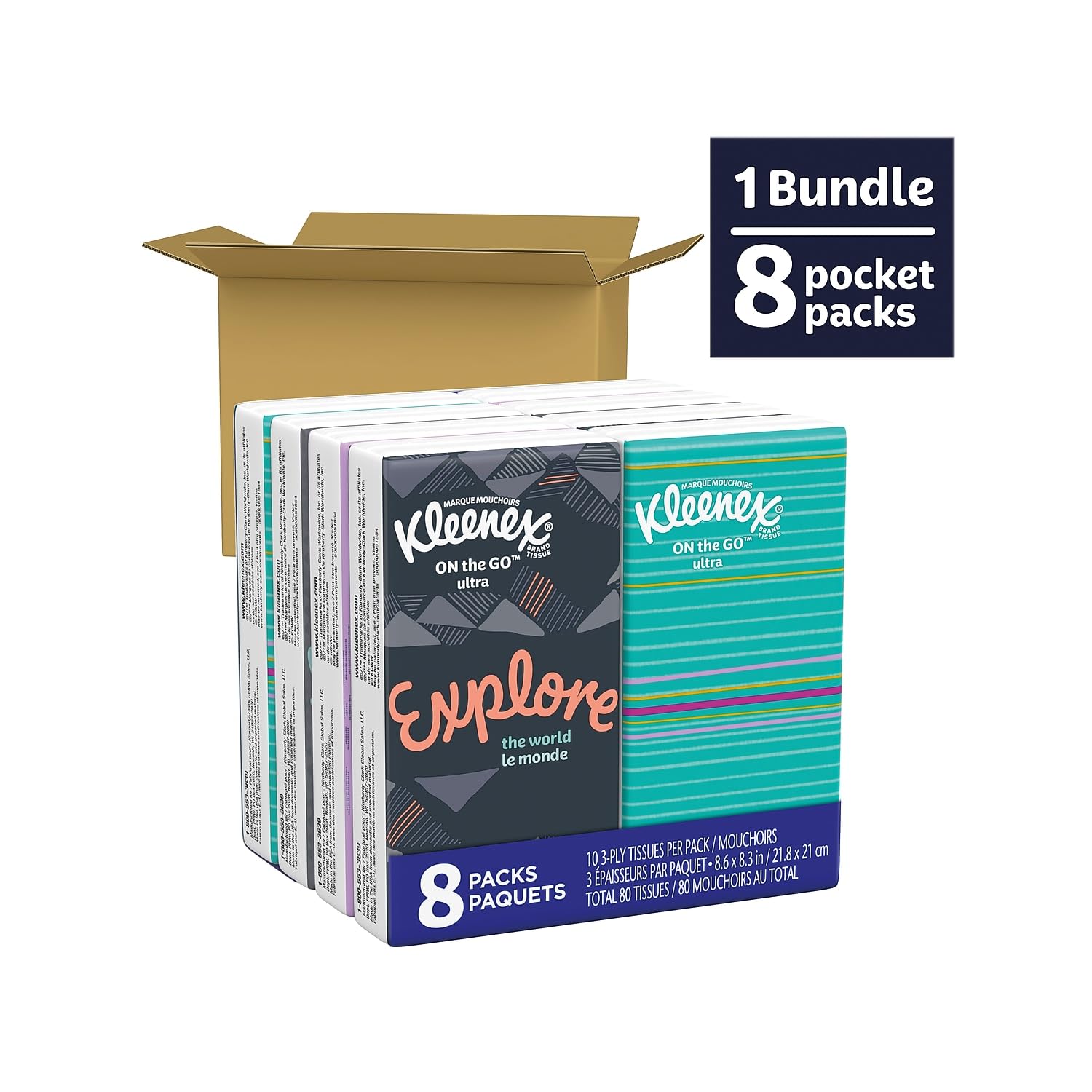 Kleenex 46651 On The Go Packs Facial Tissues, 3-Ply, White, 10 Sheets/Pouch, 8 Pouches/Pack