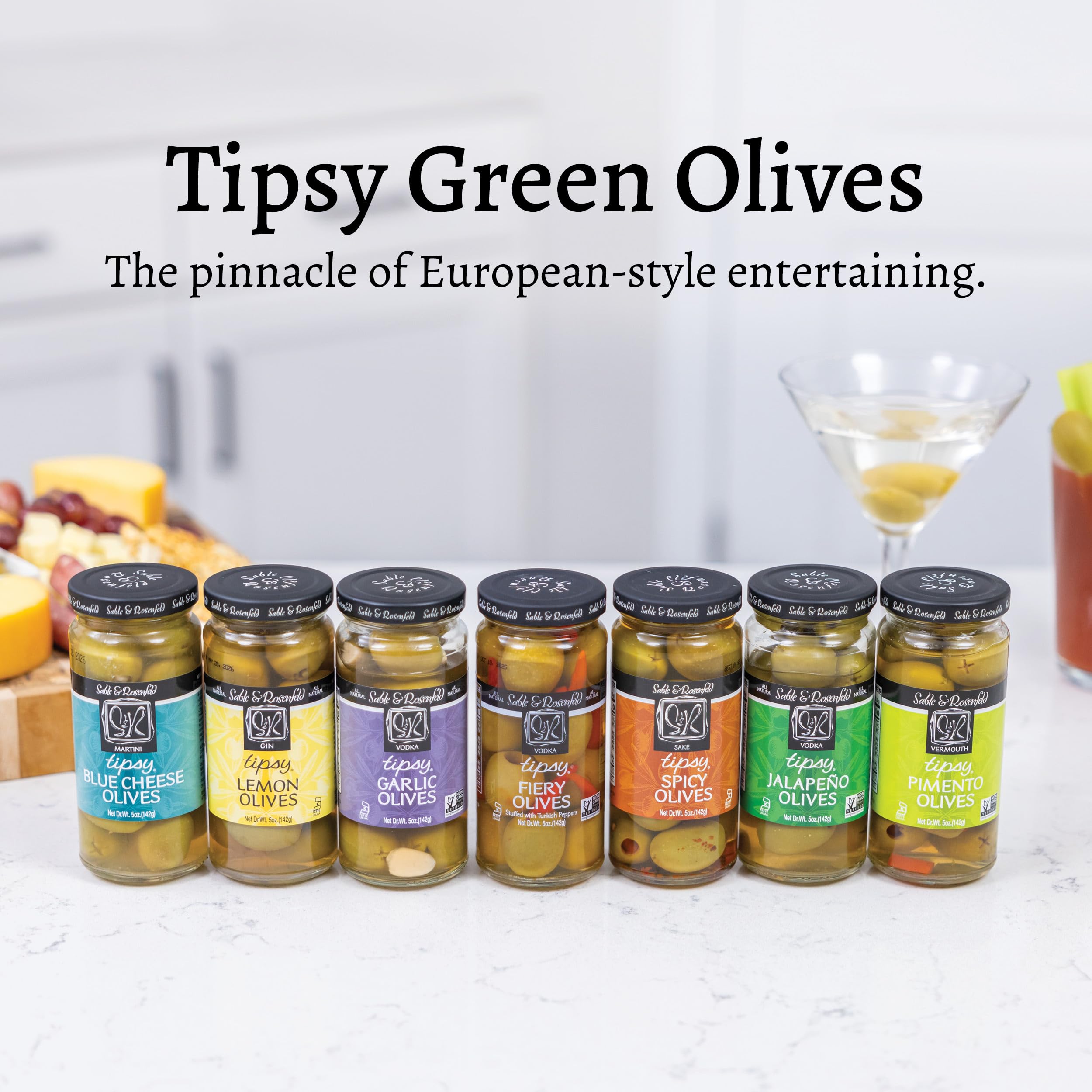 Tipsy Green Olives Stuffed with Pimento - Martini Stuffed Colossal Cocktail Olives with French Vermouth for Bloody Mary Condiments - Sable & Rosenfeld